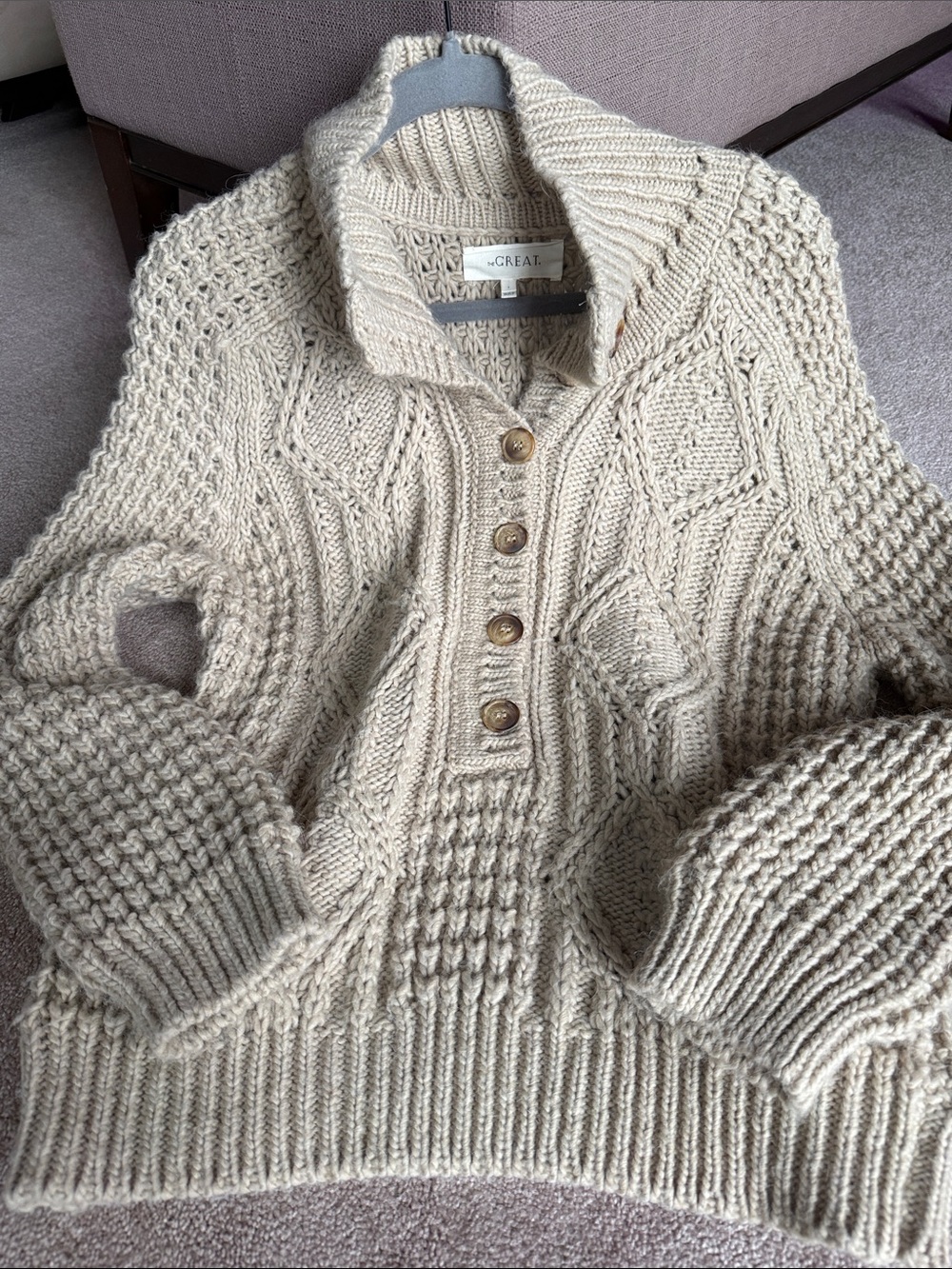 THE GREAT. Cream Cable-Knit Turtleneck Pullover with Button Placket